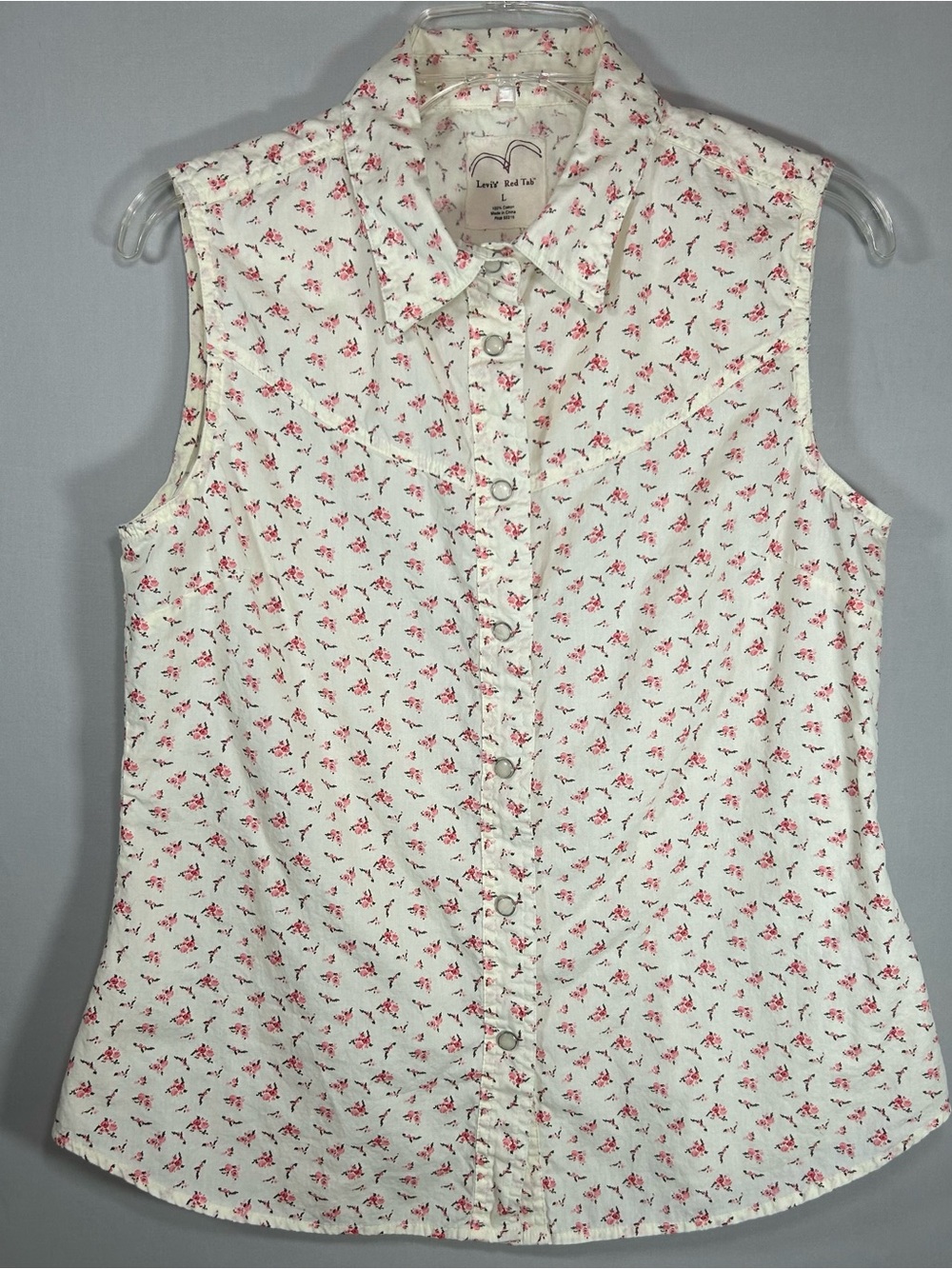 Levi's Red Tab Sleeveless Shirt Women's Large Cream w/ Pink Flowers Pearl Snap